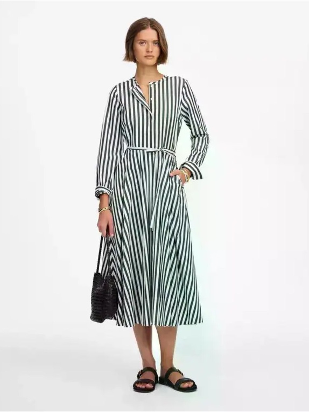 NWT Madewell Tie-Waist Midi Shirtdress Green Stripe Large Cotton Summer Vacation